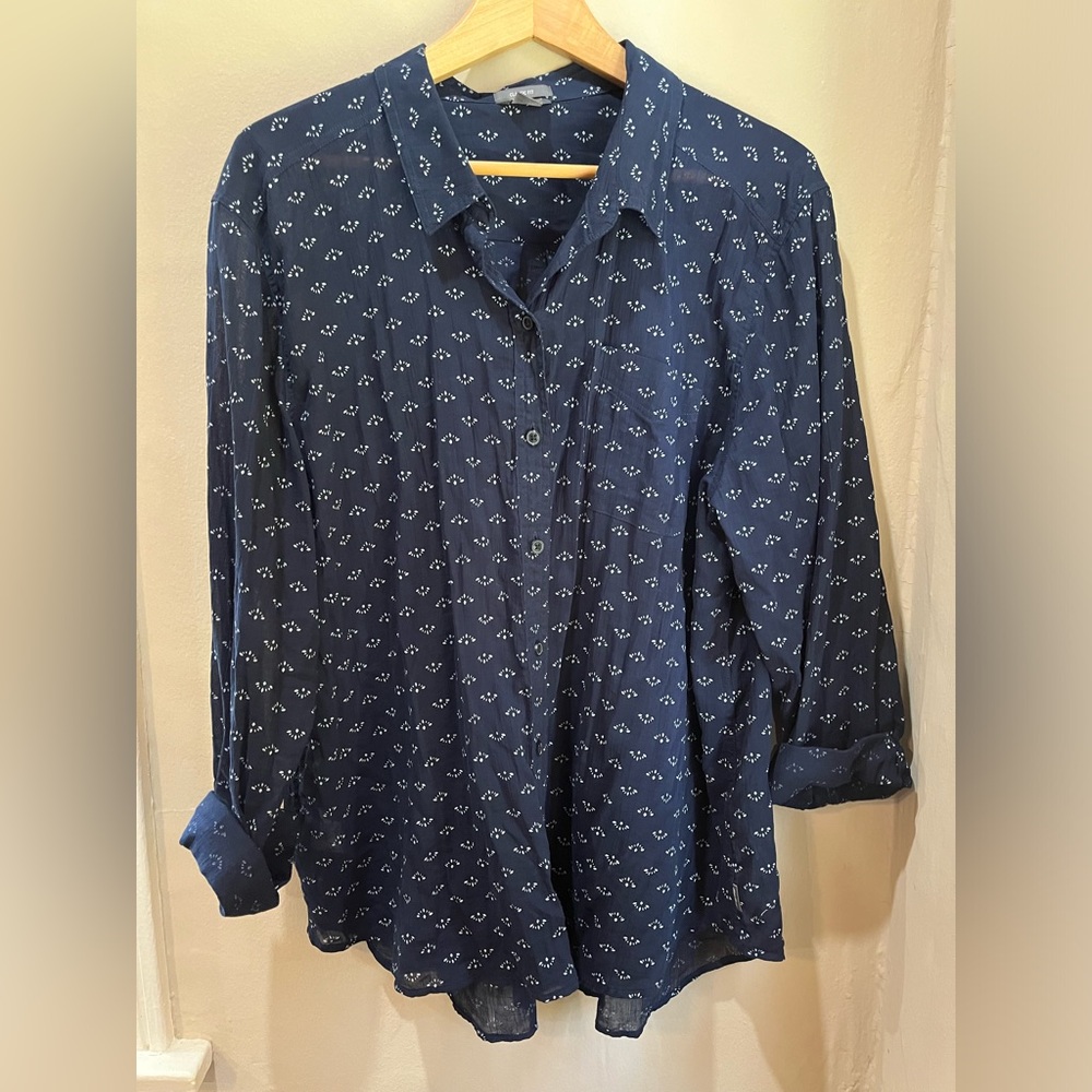 Eddie Bauer, Button Down Top, Navy Blue Print, Size 2XL (XXL)